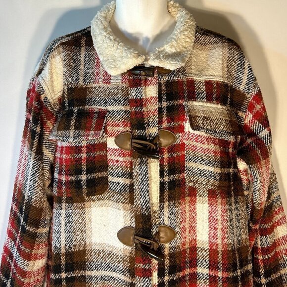 Maurices SZXXL Chunky Plaid Coat Toggles Sherpa Collar Western Preppy Ranch - Picture 2 of 12